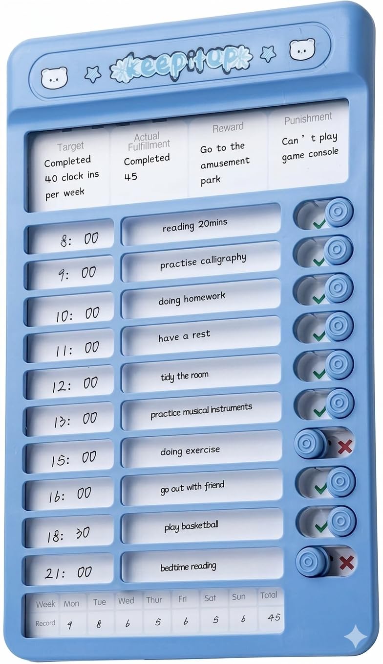 BELISMA Portable Self-Discipline Chores Chart Daily Checklist Board with 15 Pcs Blank Paper Sliding Morning Routine Chart | Planning Boards Reminder Chart for Home School Office (Blue/Pink)-image-20