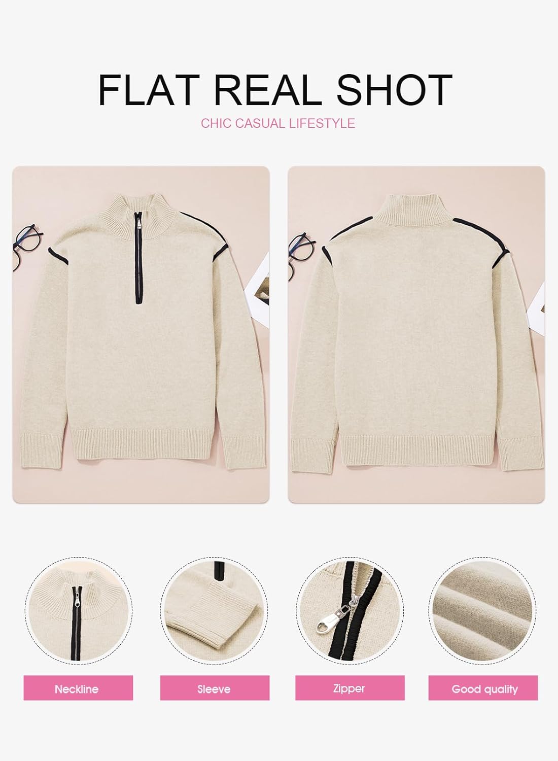 EVALESS Womens Sweaters V Neck Long Sleeve Quarter Zip Collared Ribbed Knit Dressy Casual Pullover Sweaters Outfits - Image 5