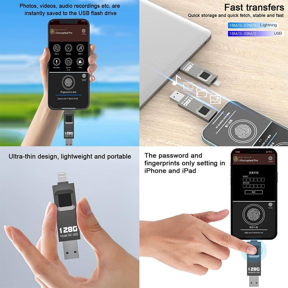 Cle USB Fingerprint 128GO, Memoria USB con Huella Dactilar Cifrada, para Teléfonos Móviles, Ordenadores, Pc Y Portátiles, Admite 60 Huellas Dactilares