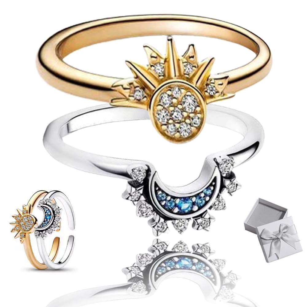 KURTIK 925 Sterling Silver Sun & Moon Ring, To My Best Friend, Sun and Moon Ring Set for Women, Friendship Promise Matching Ring, Sun And Moon Matching Rings, Sparkling Sun and Moon Ring (2Pcs)