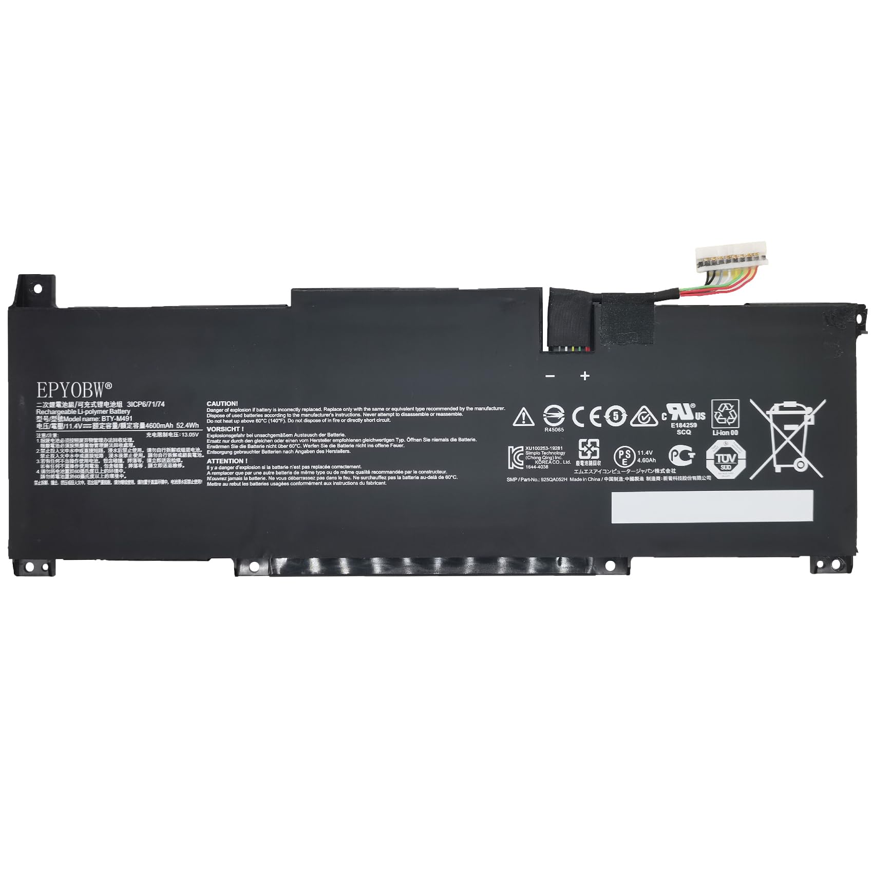 BTY-M491 White Connector Laptop Battery 52.4Wh 4600mAh 11.4V Compatible with MSI Modern 15 A10RB A10M A10RAS / A11M A11SB MS-1552 / A4M A4MW MS-155K / Summit B15 A11M Series 3ICP6/71/74