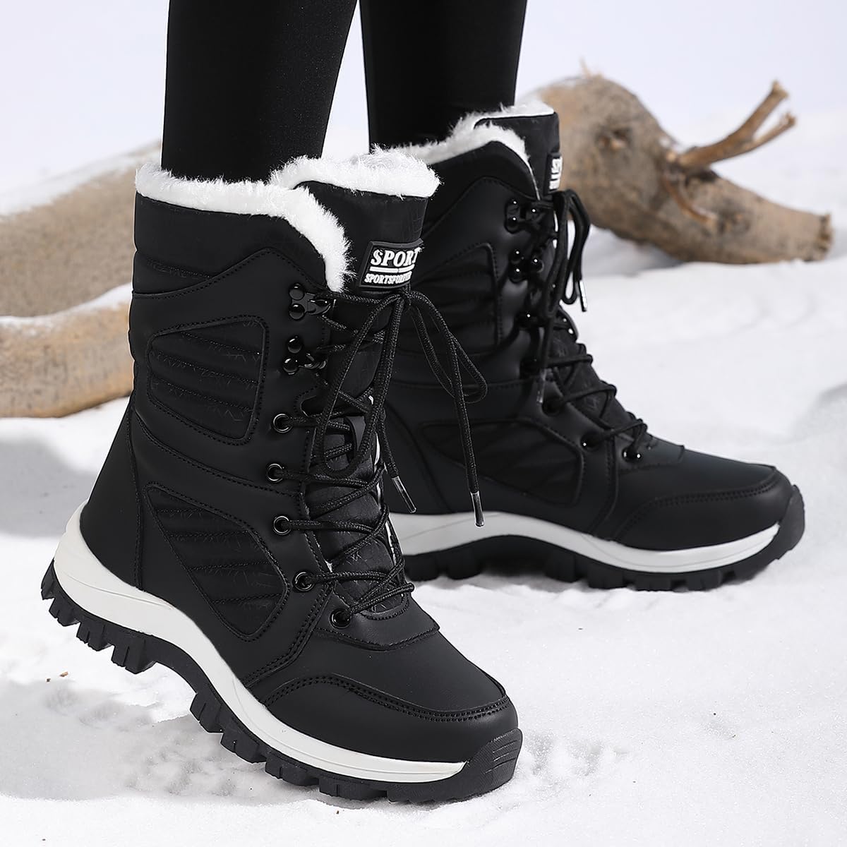 Jakcuz Women Snow Boots High Top Non-slip Waterproof Lace-up Winter Boots with Faux Fur Lined