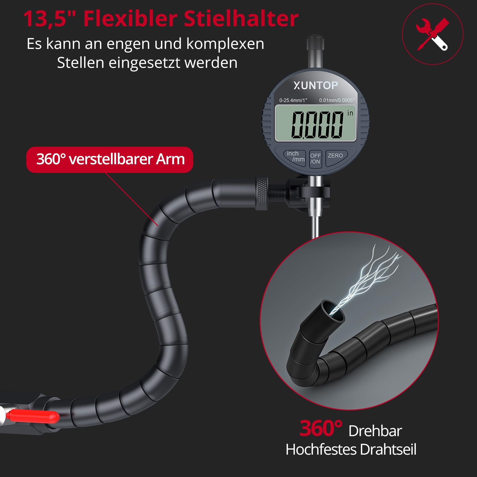 XUNTOP Digital Messuhr Präzisions Messuhr Flexibler Arm mit Magnetfuß Hochpräzisionsmessuhr 176lbs 0-1 Inch/25.4 mm für Industrieanwendungen