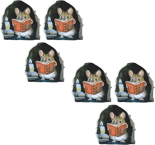 6 calcomanías de pared realistas 3D con diseño de ratón, libro de lectura de ratón, decoración de pared, habitación de los niños, decoración de