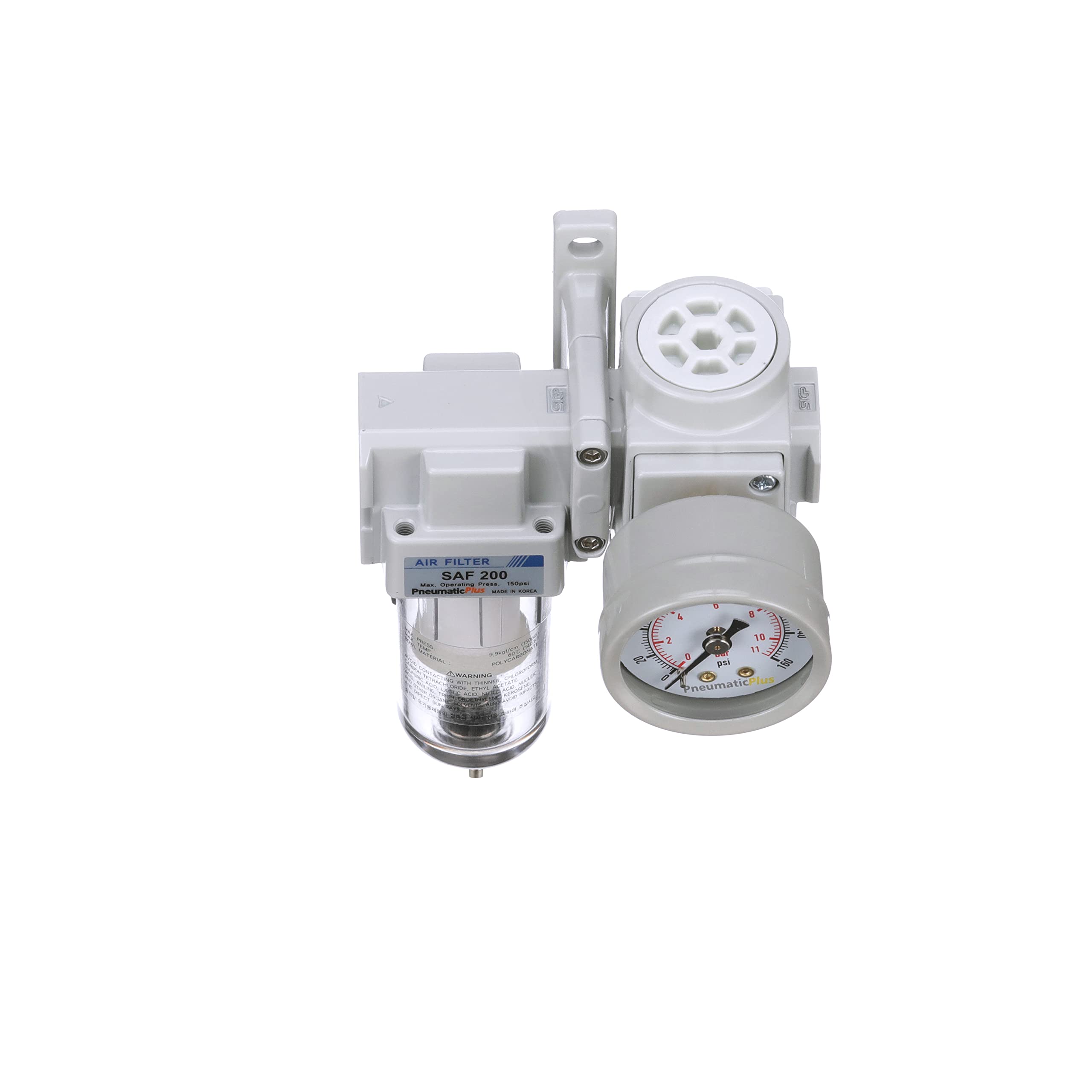 PneumaticPlus SAU220-N02G - Mini regolatore filtro aria compressa, 1/4" NPT – Poly Bowl, scarico manuale, staffa, manometro
