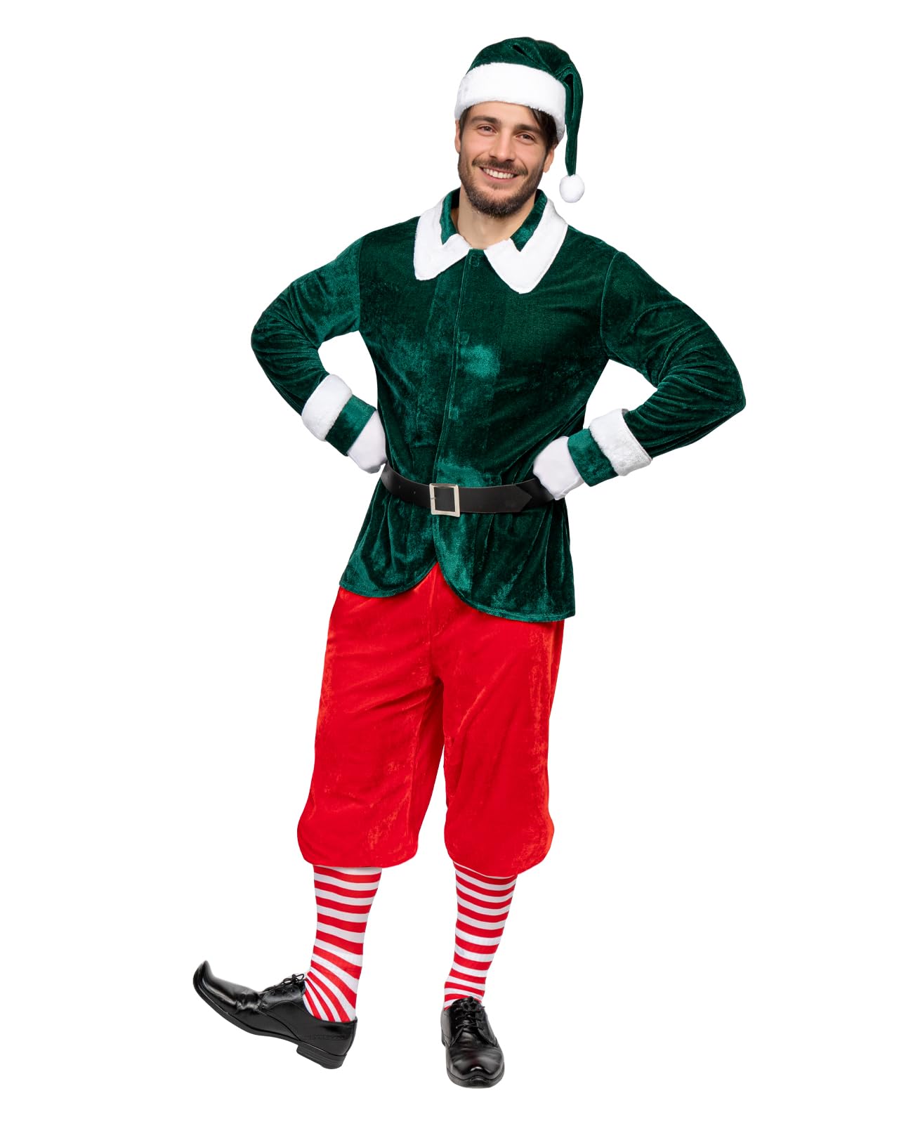 Funidelia Disfraz de elfo Deluxe para hombre, Incluye jersey, pantalón, cinturón y gorro, Navidad - Traje para adultos para fiestas, Carnaval y Halloween - Talla L