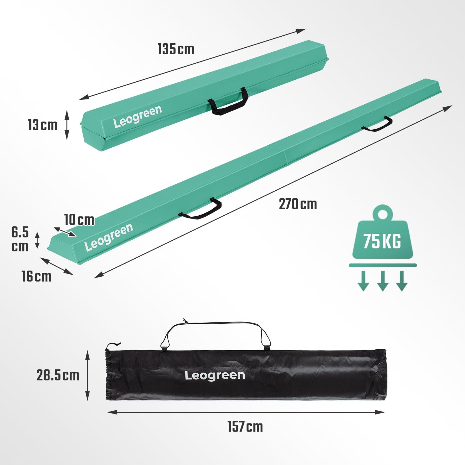 Leogreen Barra de Equilibrio PU Cuero Plegable 270cm, Barra de Gimnasia Artistica para Niños Adultos, Viga de Equilibrio con Bolsa de Transporte y Base Antideslizante Verde