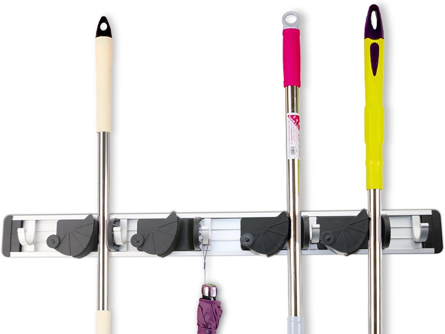 Freye Adjustable Aluminum Broom and Mop Holder with 4 Position and 5 Hangers 52cm Kitchen and Garage Storage and Organizer Rack, Hooks for Family, Wall Mounted- Easy to Install