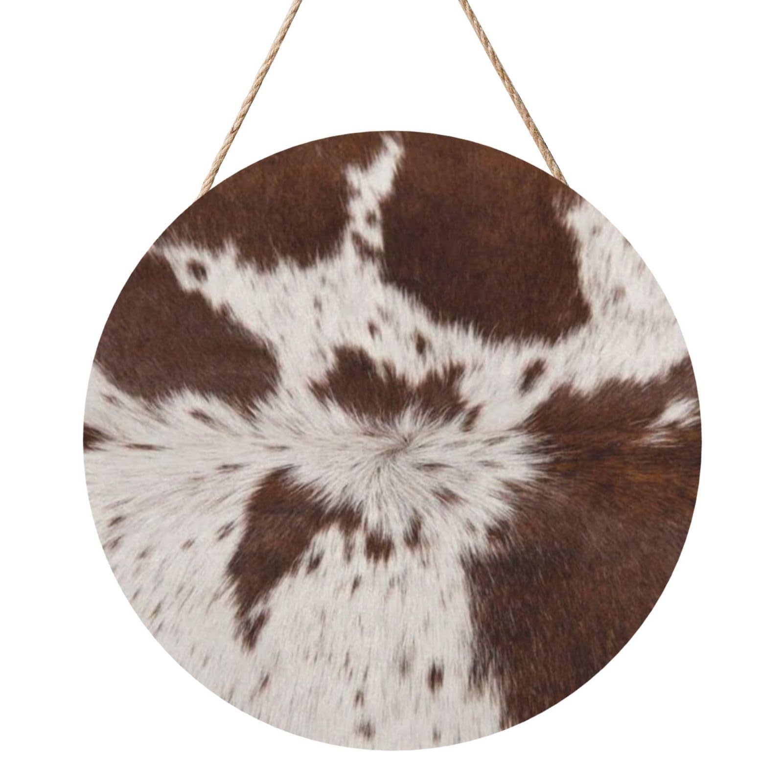 InOmak Cow Cowhide Print, Round Wood Panel Painting 12 in, Wall Hanging Painting For Home