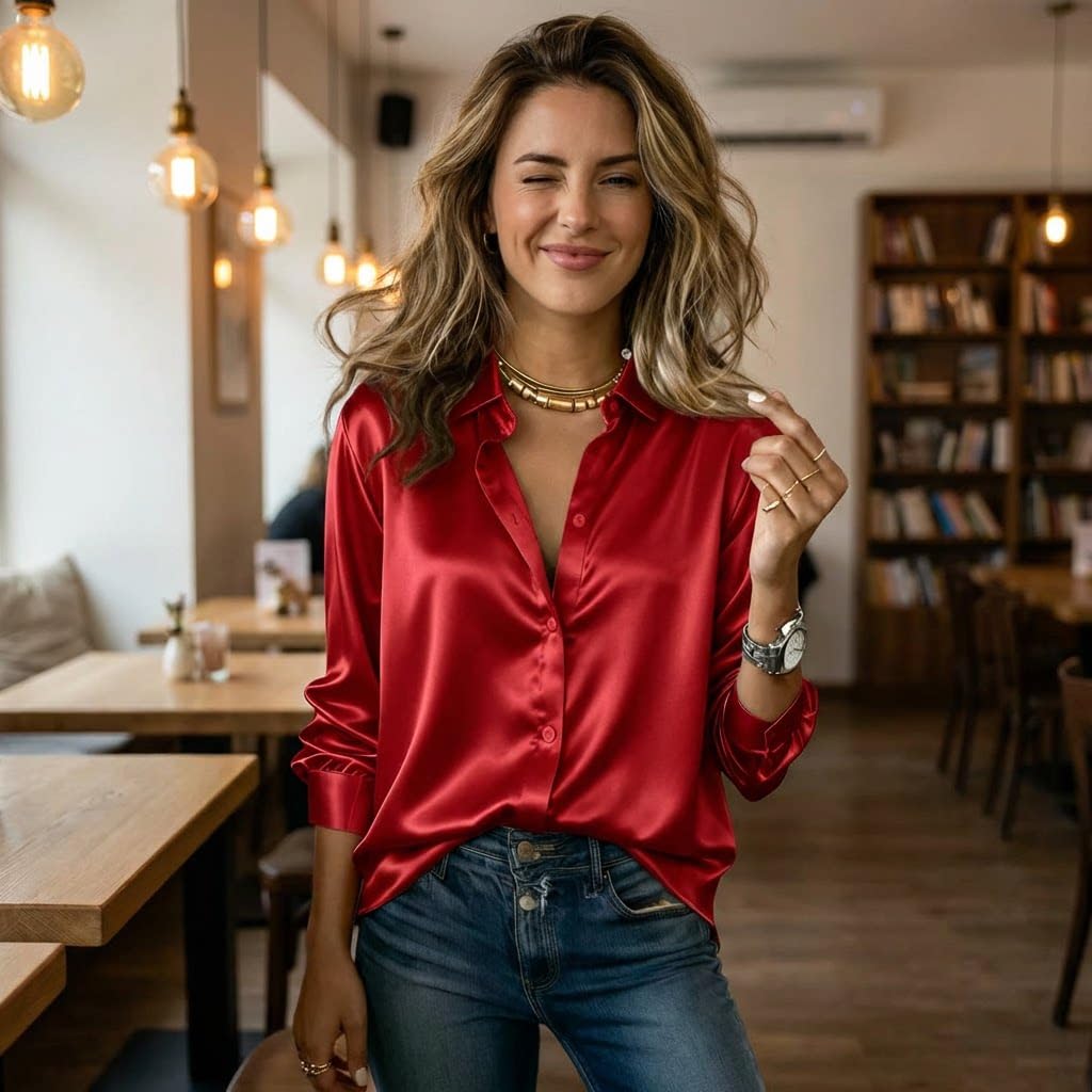 Camicia Donna,Camicia da Donna a Maniche Lunghe con Colletto risvoltato in Raso, Camicia Ampia con Bottoni per Ufficio.