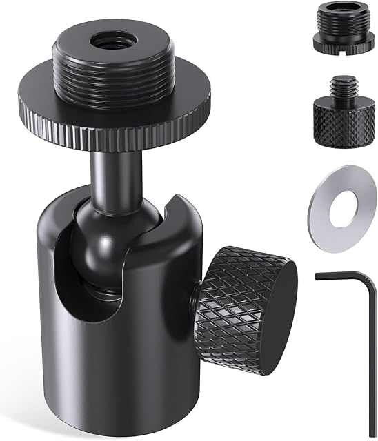 Ball and Socket Head Microphone Adapter, All Metal, 180° & 360° Swivel Mini Mic Ball Head Adapter with 5/8"-27 Thread & 3/8" Scew Adapters, Ideal for Microphone Angle Adjustment & Studio Setup