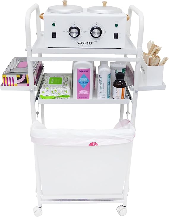Waxness Foldable Professional Waxing Trolley Cart with Magnetic Side Shelves and Trash Compartment