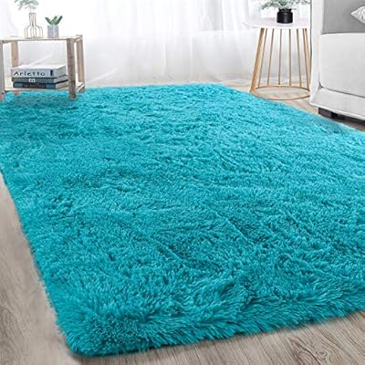 Modern Soft Fluffy Blue Shaggy Area Rug for Bedroom Boys Kids Room, Large Comfy Plush Nursery Teal Blue Carpet for Baby Boy Shower Gift Grandchildren Birthday Holiday Decor Accent Floor Rugs, 6x9 Feet