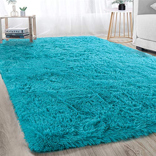 Merelax Soft Modern Indoor Large Shaggy Rug for Livingroom Bedroom Dorm Kids Room Home Decorative, Non-Slip Plush Fluffy Furry Fur Area Rugs Comfy Nursery Accent Floor Carpet 6x9 Feet, Teal Blue