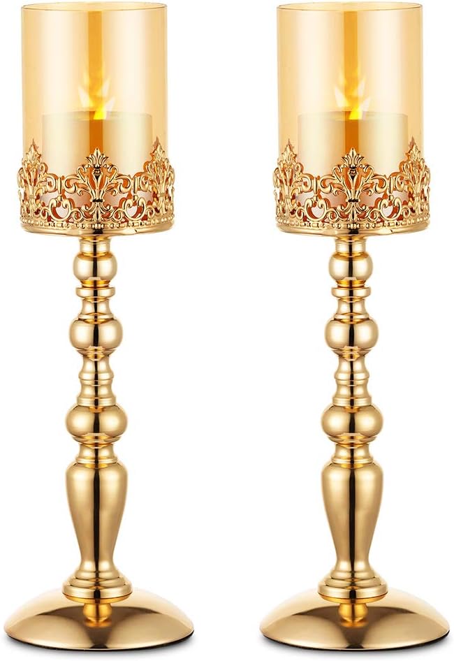 NUPTIO Pillar Candle Holders with Glass, Set of 2 Gold Hurricane Candle