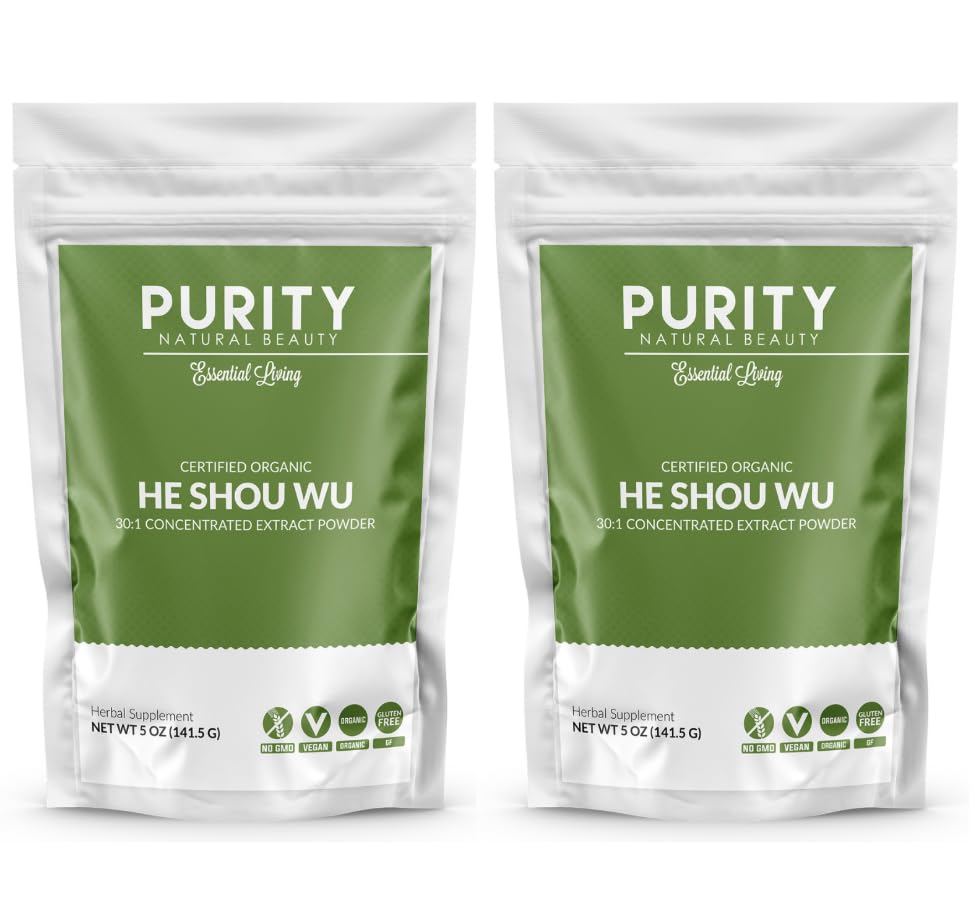 Purity Natural Beauty Certified Organic He Shou Wu - Large 5oz Bag of 30:1 Concentrated-Fo-ti - Organic Foti Extract- Fo ti He Shou Wu Organic (Pack of 2-10 Ounces)