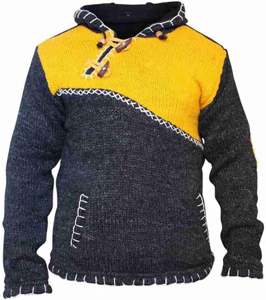 USDBE Autumn Winter Oversized Sweater Men Hooded Sweaters Patchwork Knitted Pullover