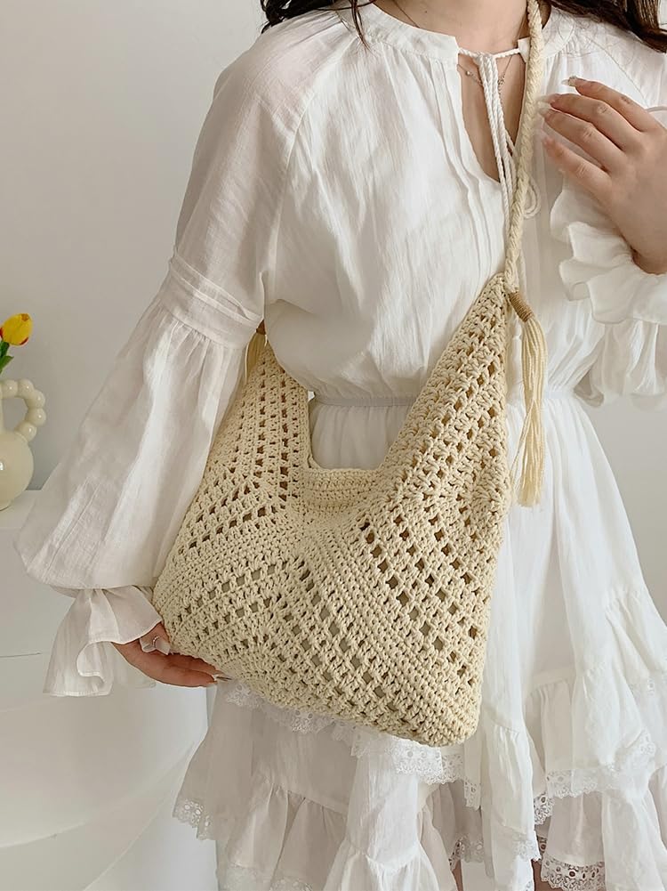 Photo 1 of Boho Straw Bags for Women Large Woven Tote Bag Straw Beach Bag Shoulder Bags Purse Handbags Summer Straw Hobo Bag