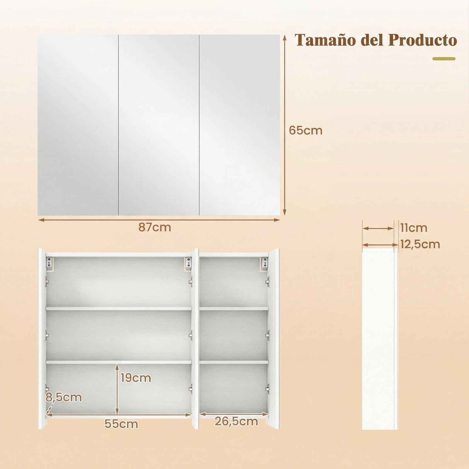 COSTWAY Armario de Espejo de Baño con 3 Puertas, Armario de Pared Baño con 6 Compartimentos, Superficie de Imitación Madera y Marco de Madera, 87 x 65 x 12,5 cm