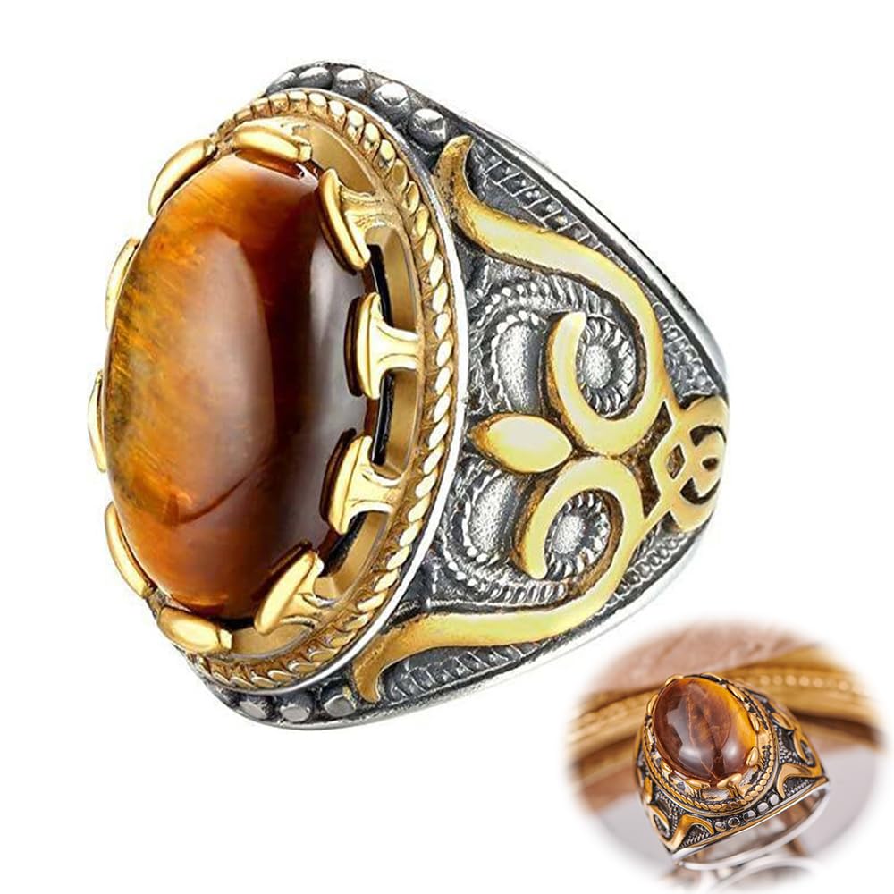 Retro Men's Ring, Large Tiger Eye Stone, Turquoise Vintage Design, Oval Gemstone, Stainless Steel, Sizes 12