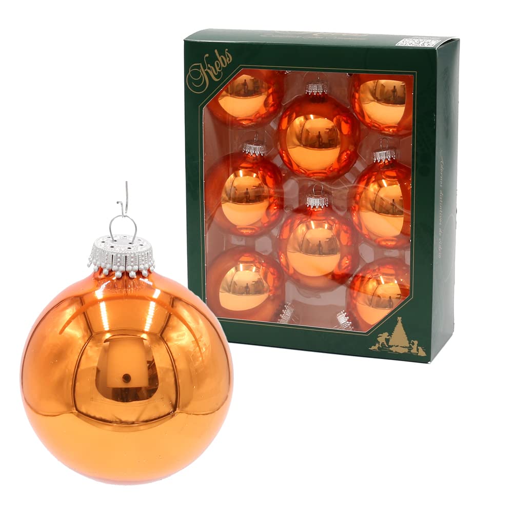 Dekohelden24 - Juego de 8 bolas para árbol de Navidad en color naranja brillante ópalo, con coronas de plata, fabricadas en Lauscha, diámetro aprox. 7 cm