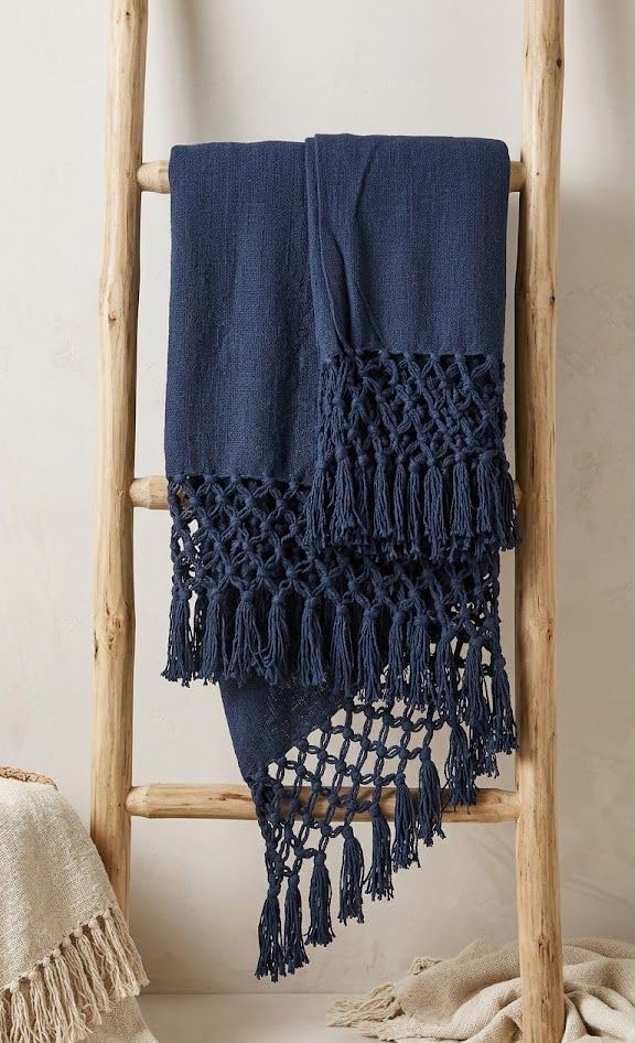Image of HAKAM Cotton Throw Blanket with Macrame Tassels for 3 Seater Sofa | Ideal for Your Home, Living Room, Sofa, Bed, Chair, Picnic & Used for Gift - 50X70 inch (Navy Blue, 128x178 cm)