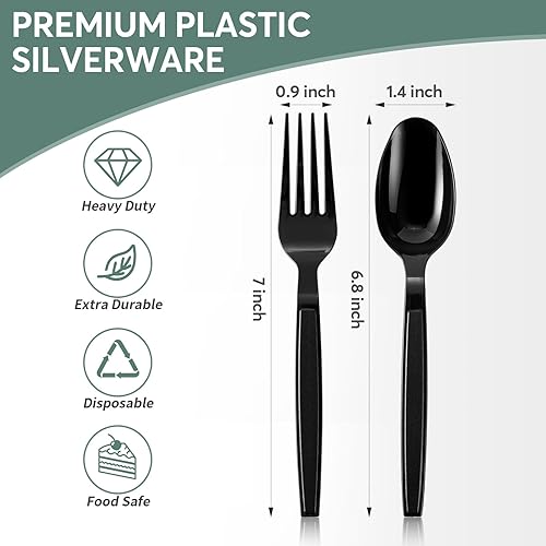 Miniatura 2 de Laojbaba Juego de cubiertos de plástico, cucharas y tenedores desechables, cubiertos de plástico resistente 200 unidades negro (200 unidades), color