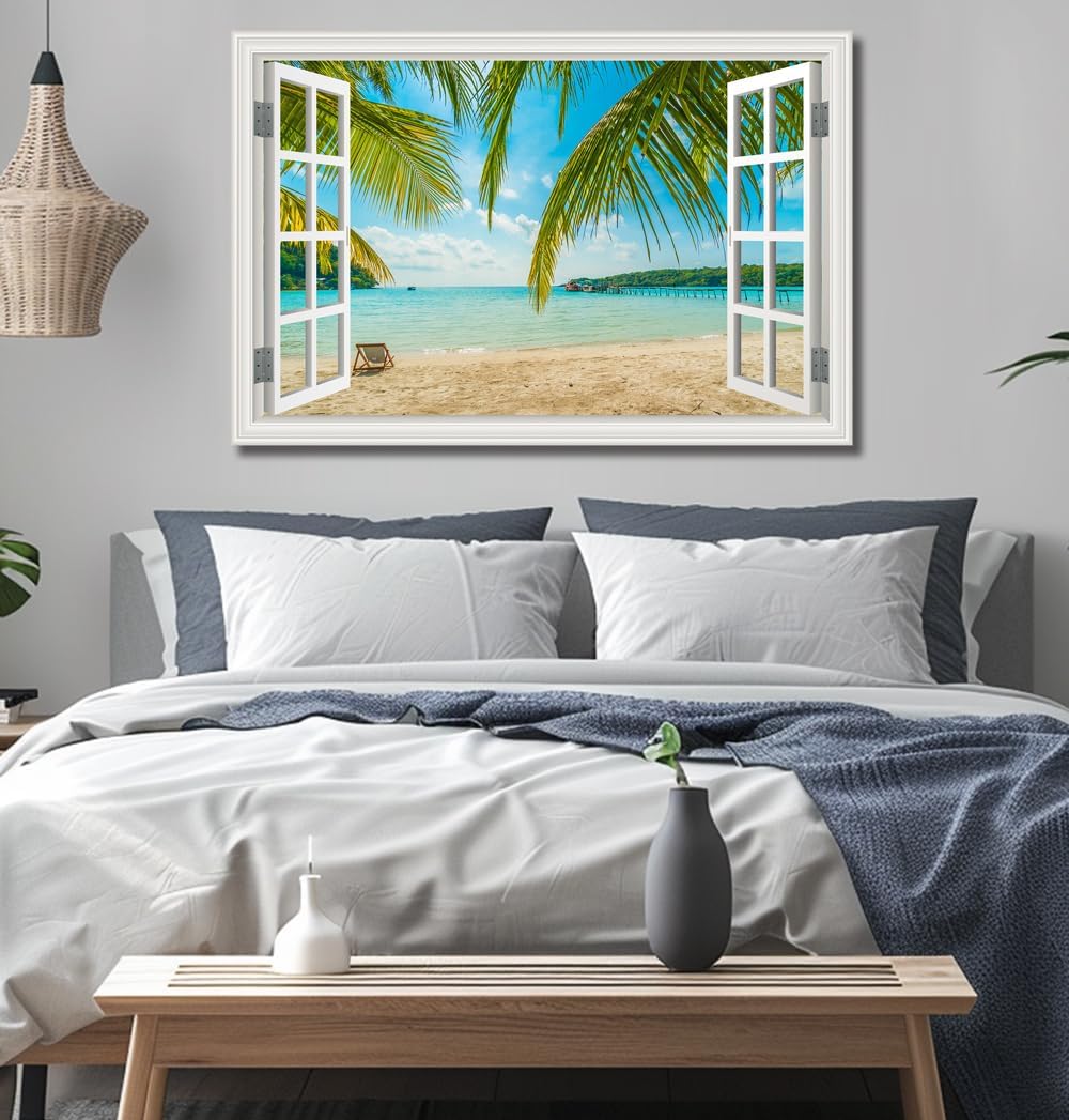 Beach Wall Art Decor Tropical Ocean Canvas Pictures for Living Room White Window Frame Style Large Blue Seascape Painting for Bedroom Coastal Theme Landscape for Home Office Decorations Ready to Hang(32"*48")