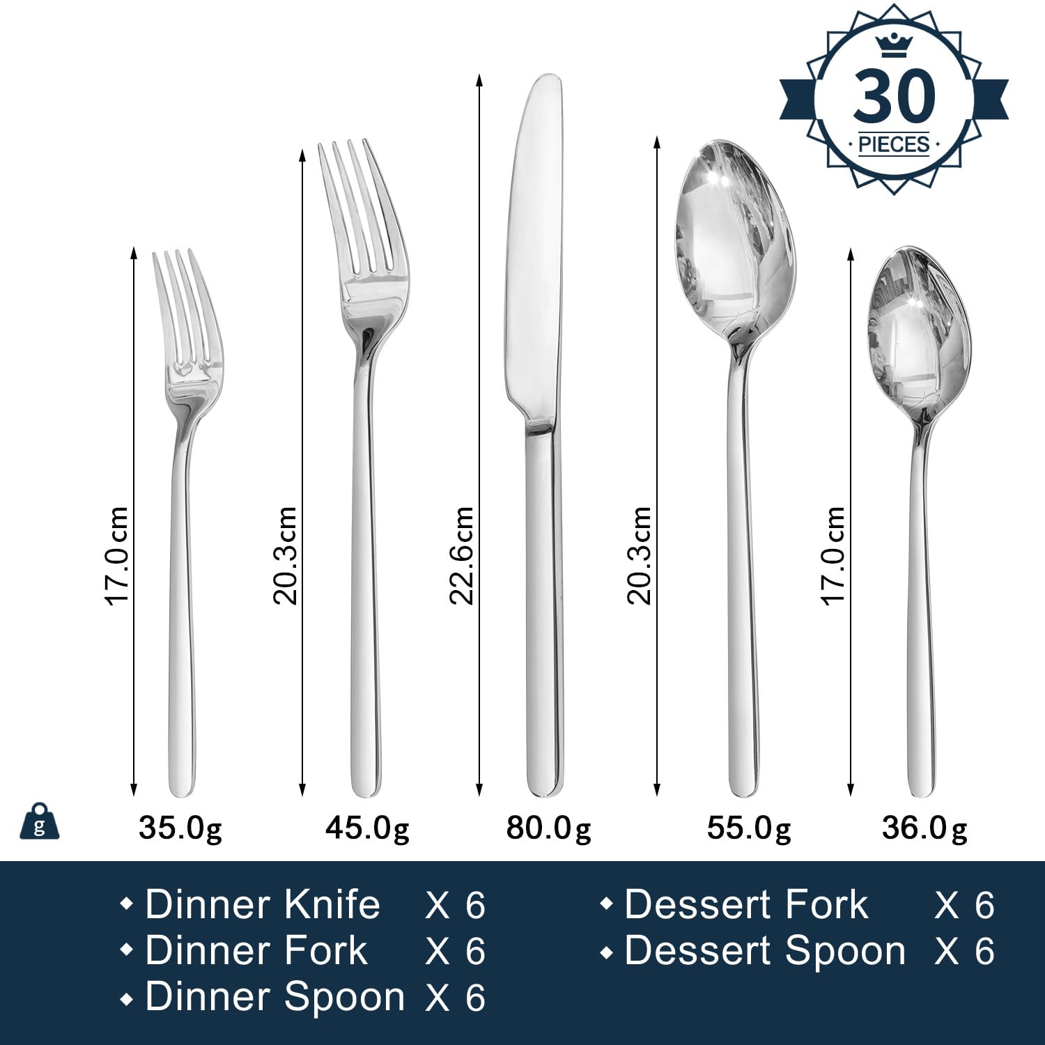 HIKAA Besteck Set 6 Personen, 30 Teiliges Bestecksets, 18/10 Edelstahl Essbesteck Spiegelpoliert, Cutlery Set Spülmaschinenfest für Zuhause, Restaurant, Hochzeit, Party, (Silber）