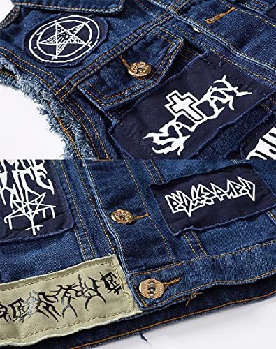 Image of ebossy Men's Ripped Distressed Denim Vest Sleeveless Button Up Jean Vest Jacket (Small, Pattern-blue)