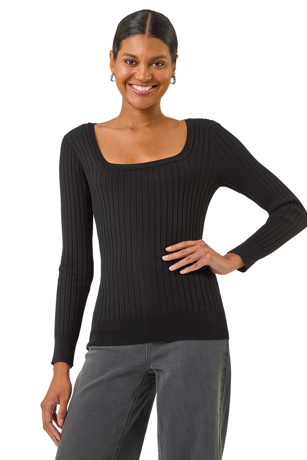 Roman Women's Square Neck Ribbed Knit Jumper in Black | Size: 16