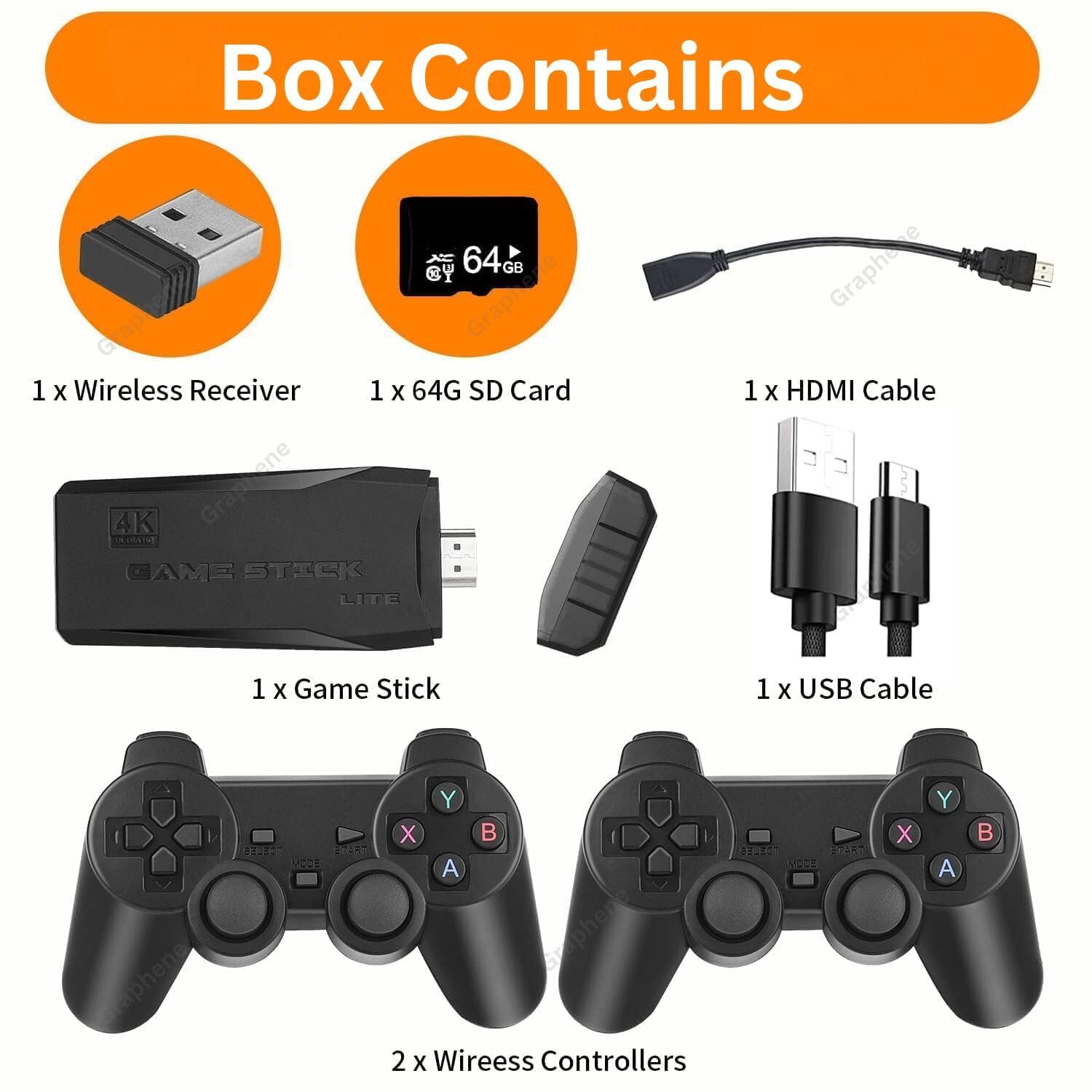 Playtastic Game Stick Lite Video Gaming Console 2.4G 10000+ Games Wireless Controllers Gamepad 64GB Preloaded 9 Emulators CPS,GB,GBA,GBC,MD,SFC,FC,N64,PS1,PSP Dual Retro Game Console Plug&Play 4