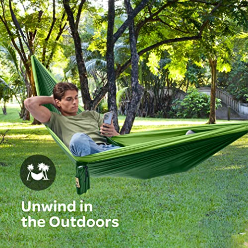 Image of Durable Hammock 550 lb Capacity, Nylon Camping Hammock Chair - Double or Single Sizes w /Tree Straps and Attached Carry Bag - for Travel /Backpacking /Beach /Backyard (X-Large, Forest Green & Lima Green)
