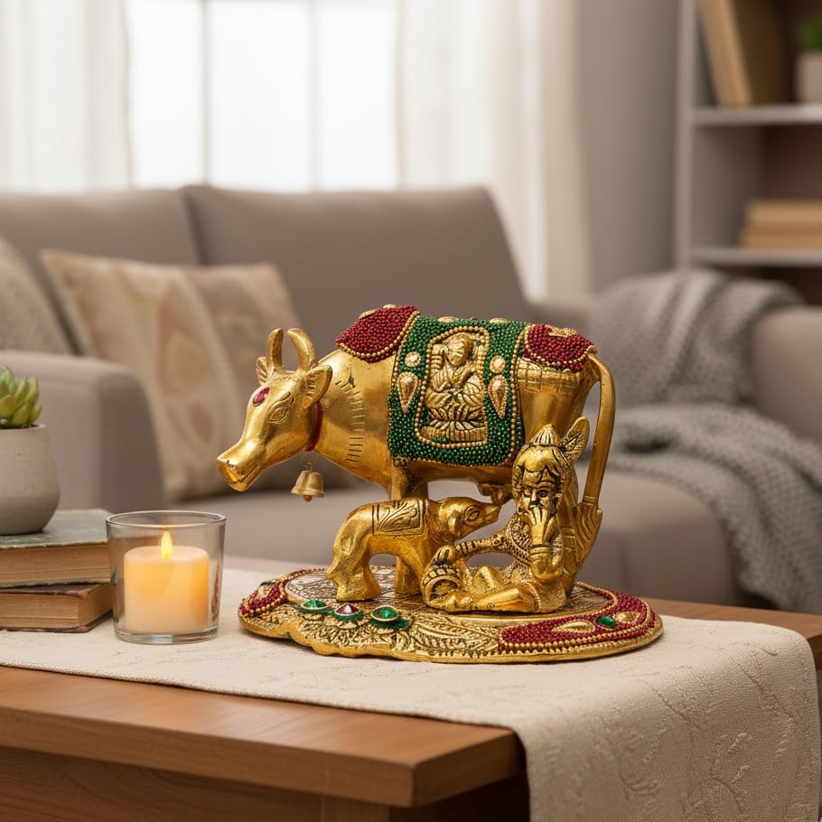 Image of KridayKraft Kamdhenu Cow,Calf with Bal Gopal Krishna Metal Statue for Good Luck,Feng Shui As Table Top Figurine,Vastu,Religious Gau MATA Idol Home,Office&Table Decorative,Animal.