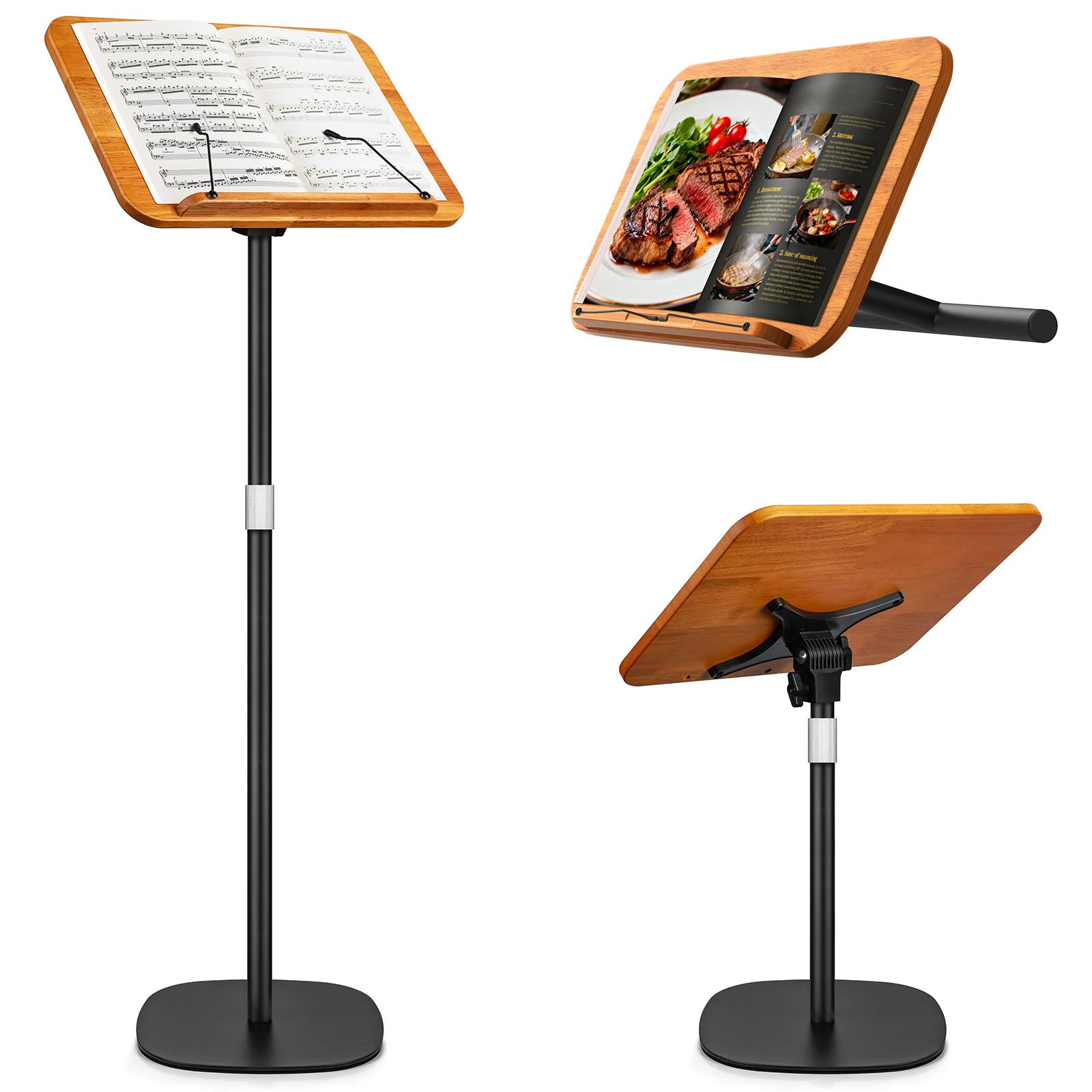 2 in 1 Verstellbarer Buchständer - Dual-Use Boden- und Tisch-Buchhalter, Höhenverstellbar 50 cm bis 130cm, Laptop-Bodenständer mit elastischen Seitenklammern für Kochbücher (Braun)