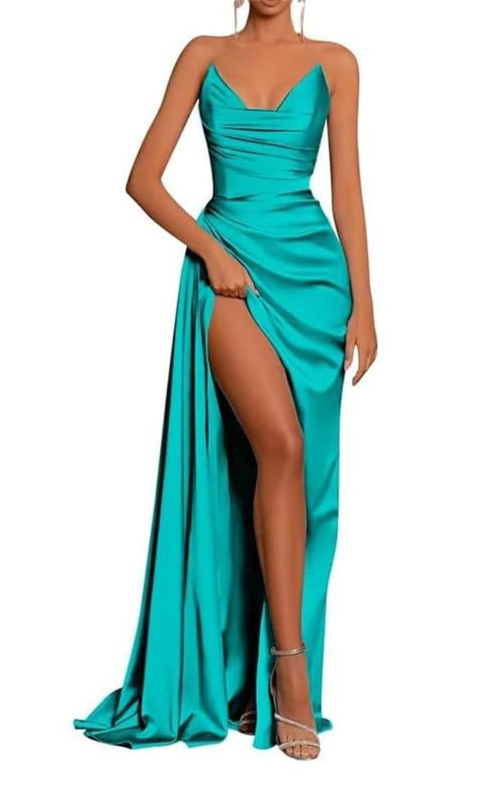 KURFACE Vestido de invitada de boda sirena hombro frío sin tirantes sin mangas largo vestido de fiesta para mujer WSX419