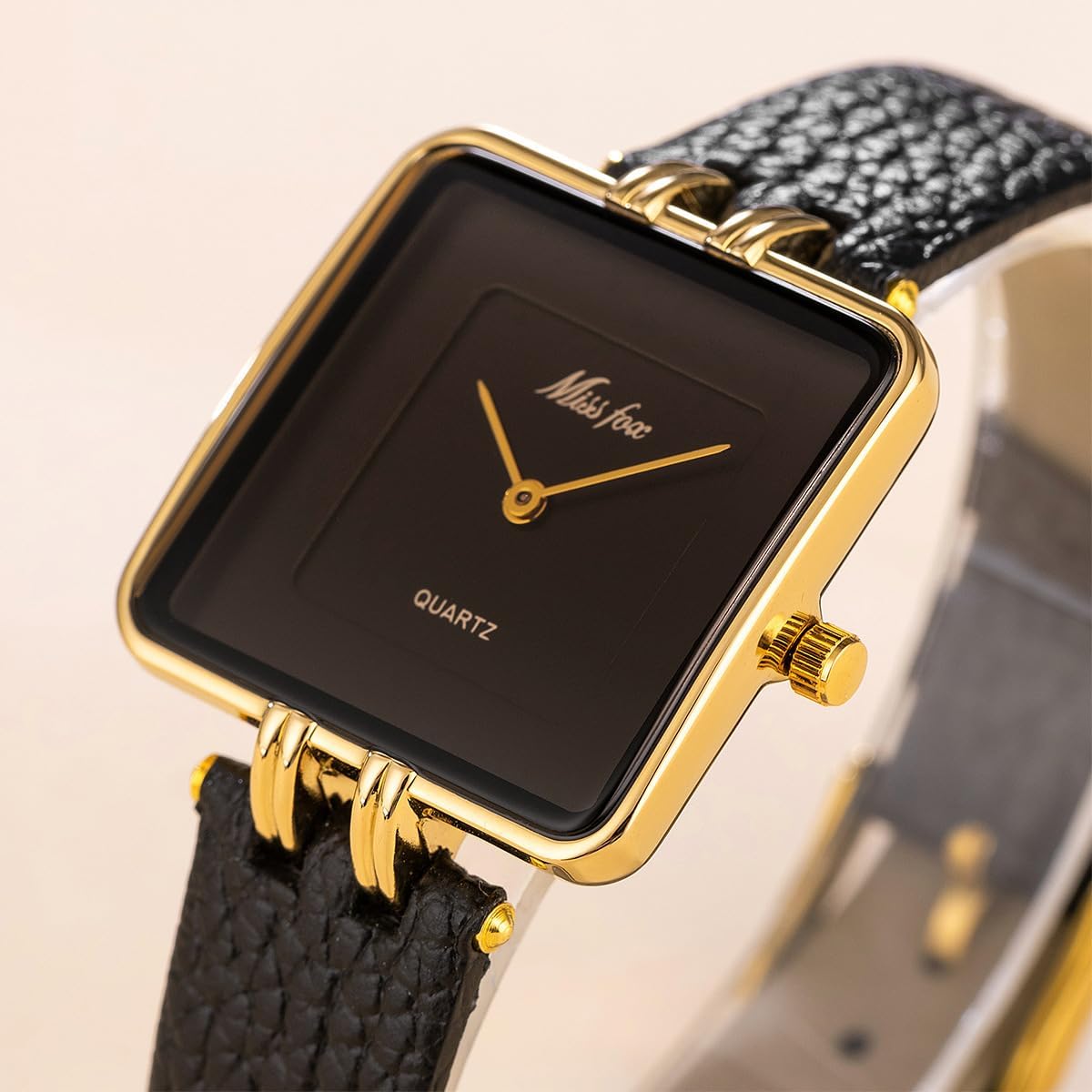 Gosasa Minimalist Luxury Square Quartz Watch for Women Vintage Elegant Gold Waterproof Wristwatch with Genuine Leather Strap, Gift for Her