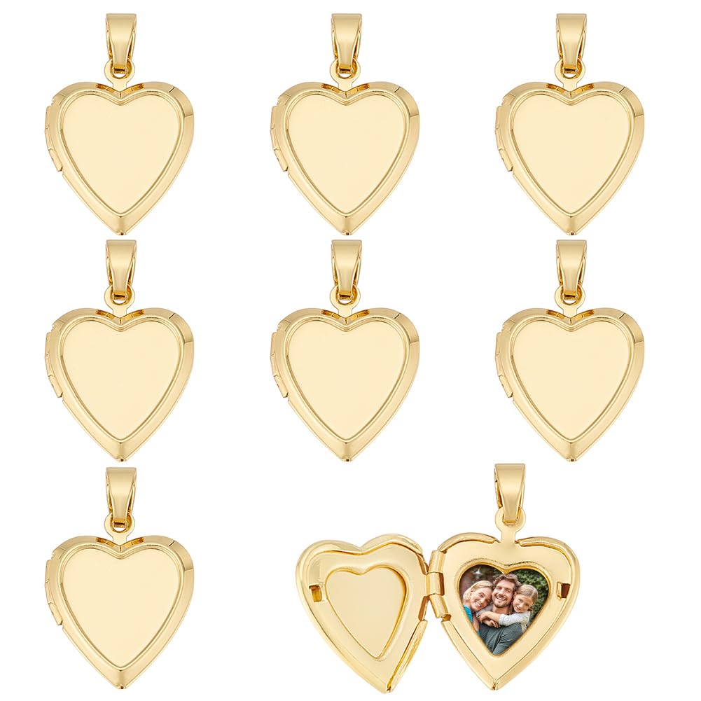 CRAFTYMELODY 8Pcs Heart Photo Frame Charms 18K Gold Plated Dangle Charms Brass Locket Love Wedding Photo Pendants Love Memorial Pendants for Jewelry Making Necklace Accessories 21.5x17x4.5mm