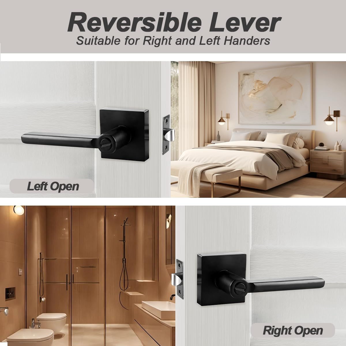 KAMOTA Privacy Door Levers, 10 Pack Matte Black Door Handles, Interior Keyless Door Lock, Left and Right Hand Reversible Doorknob, for Bed and Bathroom