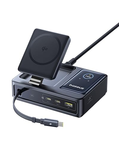 Baseus Nomos 5-in-1 Charging Station 140W, Qi2 Certified 15W Magnetic Wireless Charger with 100W Retractable Cable, GaN Fast USB C Desktop Charger for Magsafe, iPhone 16/15 Pro Max, MacBook Pro - 140W