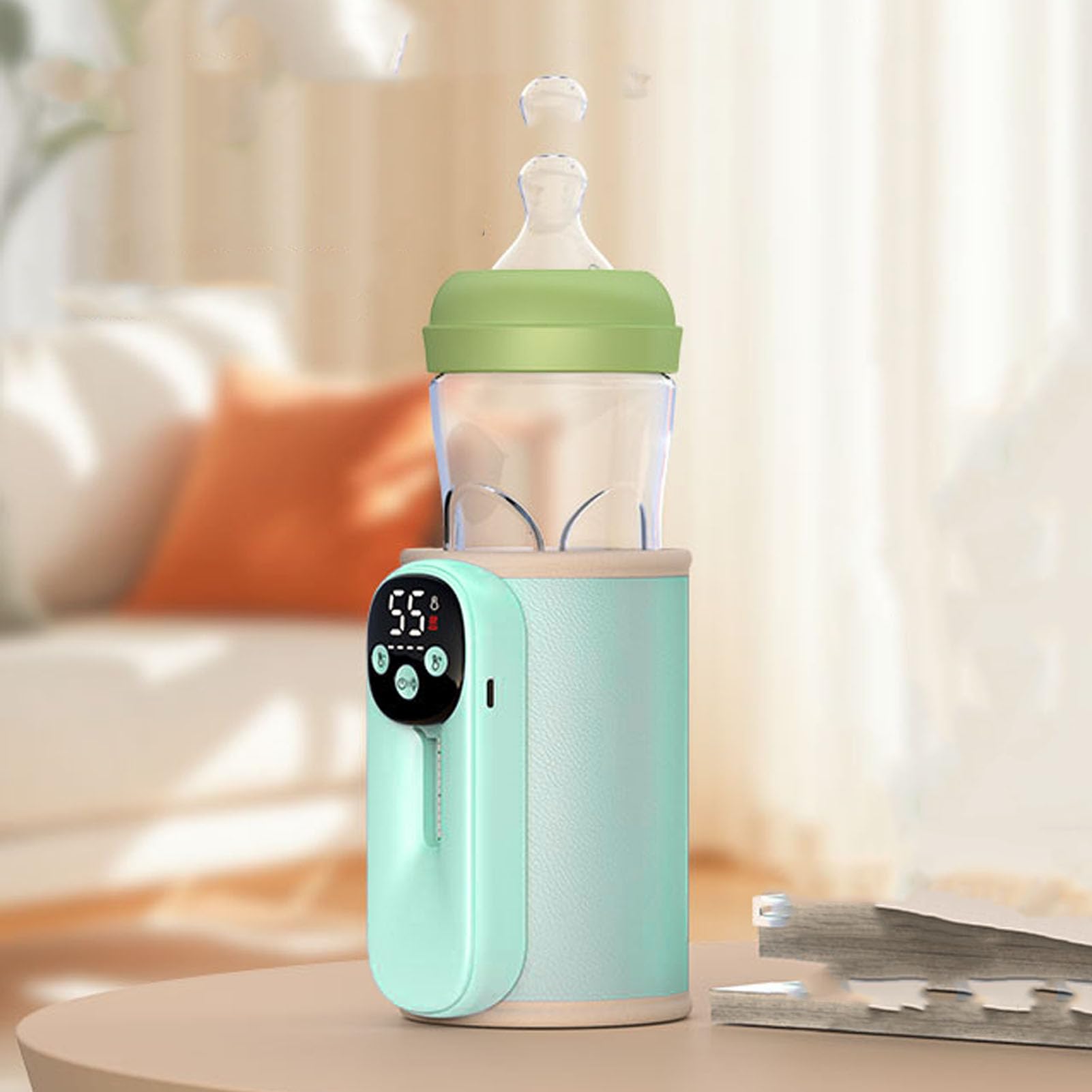 Scaldabiberon Portatile da Viaggio, Scaldabiberon a Riscaldamento Rapido, Ricaricabile da 8000 MAh con 11 Impostazioni di Temperatura, Luce Notturna e Display LED (GREEN)
