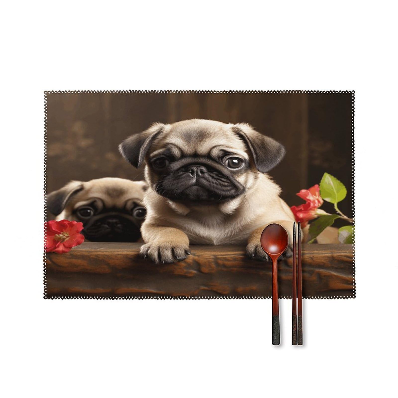 Puppys Pug Placemats Set of 4 Non-Slip Heat Resistant Table Mats Canvas Washable Cloth Place Mats Easy to Clean Premium Placemat for Kitchen Dining Table Decoration