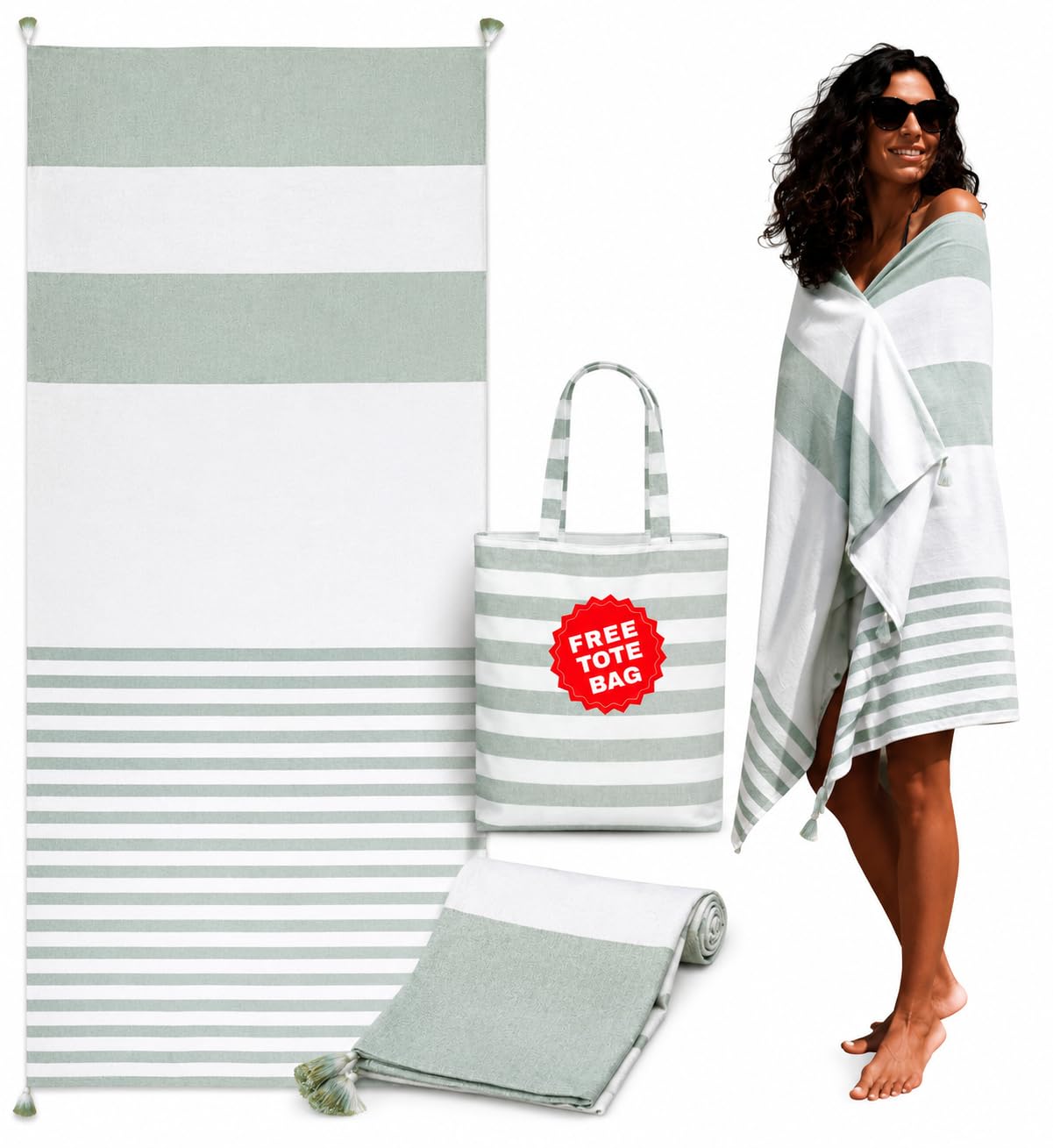 Folkulture Turkish Beach Towel 40 x 72 inch with Tote Bag | 100% Cotton, Machine Washable, Quick Dry, Sand Free Beach Towels Oversized for Beach