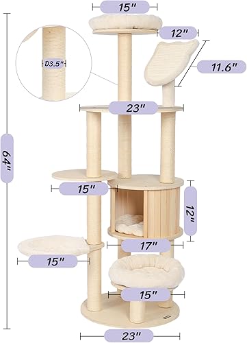 Miniatura 2 de KAMABOKO Árbol para gatos de 64 pulgadas de alto, torre de árboles de madera para gatos con condominio, hamaca y percha superior, moderno árbol alto