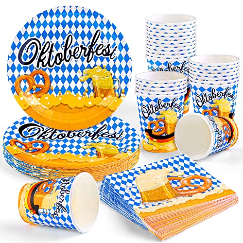 ADXCO Lot de 72 pièces de vaisselle jetable Oktoberfest - Bretzel à carreaux bleus et blancs - Avec assiettes, serviettes, tasses, fête de la bière