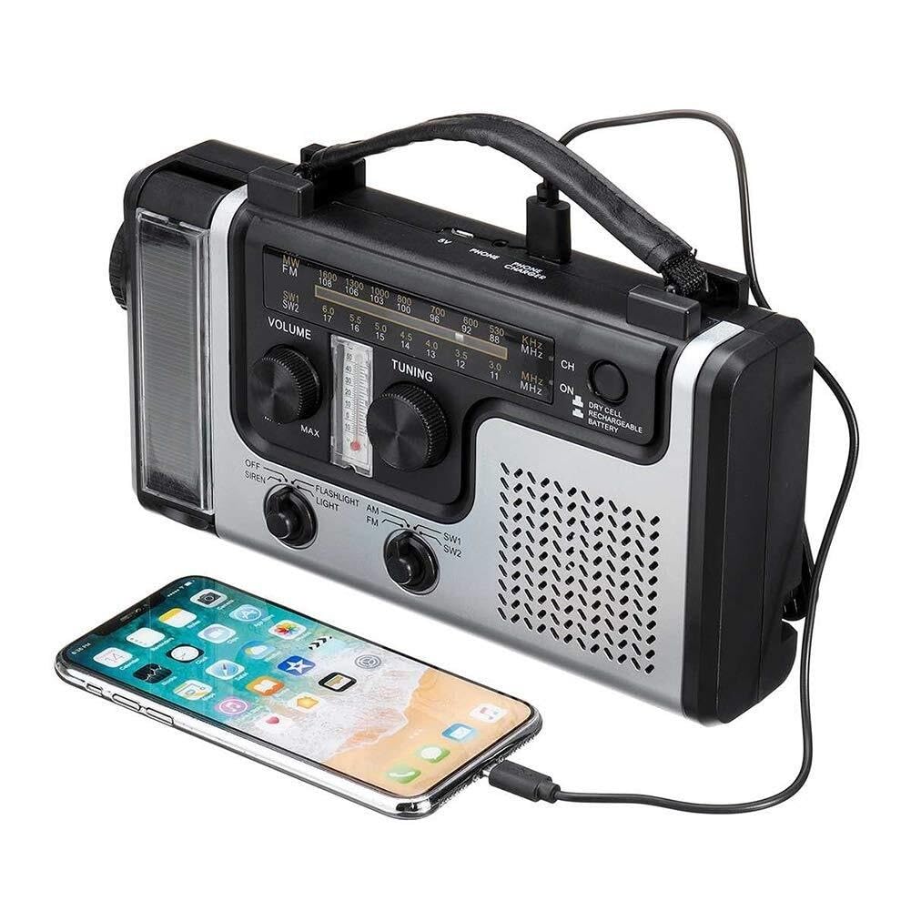 Przenośne, wielofunkcyjne radio z korbką ręczną zasilane energią słoneczną, radio pogodowe awaryjne z latarką, lampką do czytania, ładowarką do telefonu komórkowego i alarmem SOS