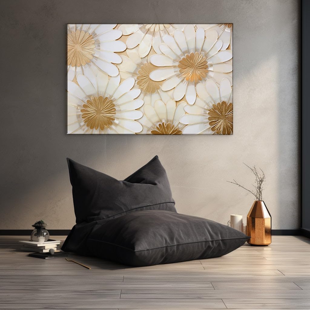 Canvas for Living room. Elegance in Bloom: A Modern Twist on Floral Patterns with White and Gold Splendor, 27 x 18 inch Canvas Wall Art - Ready to Hang - 69x46 cm (27x18 inch)