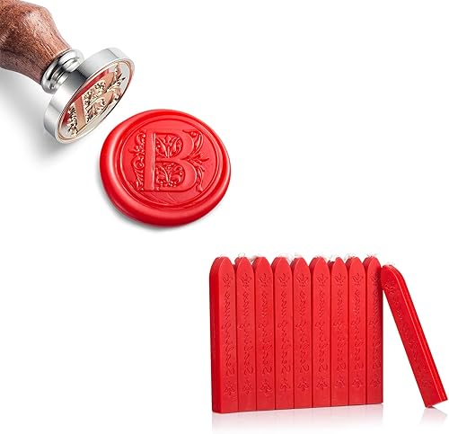 Mceal Regal - Sello de cera de latón plateado con letra B y 10 varillas de sello de cera (rojo granero)