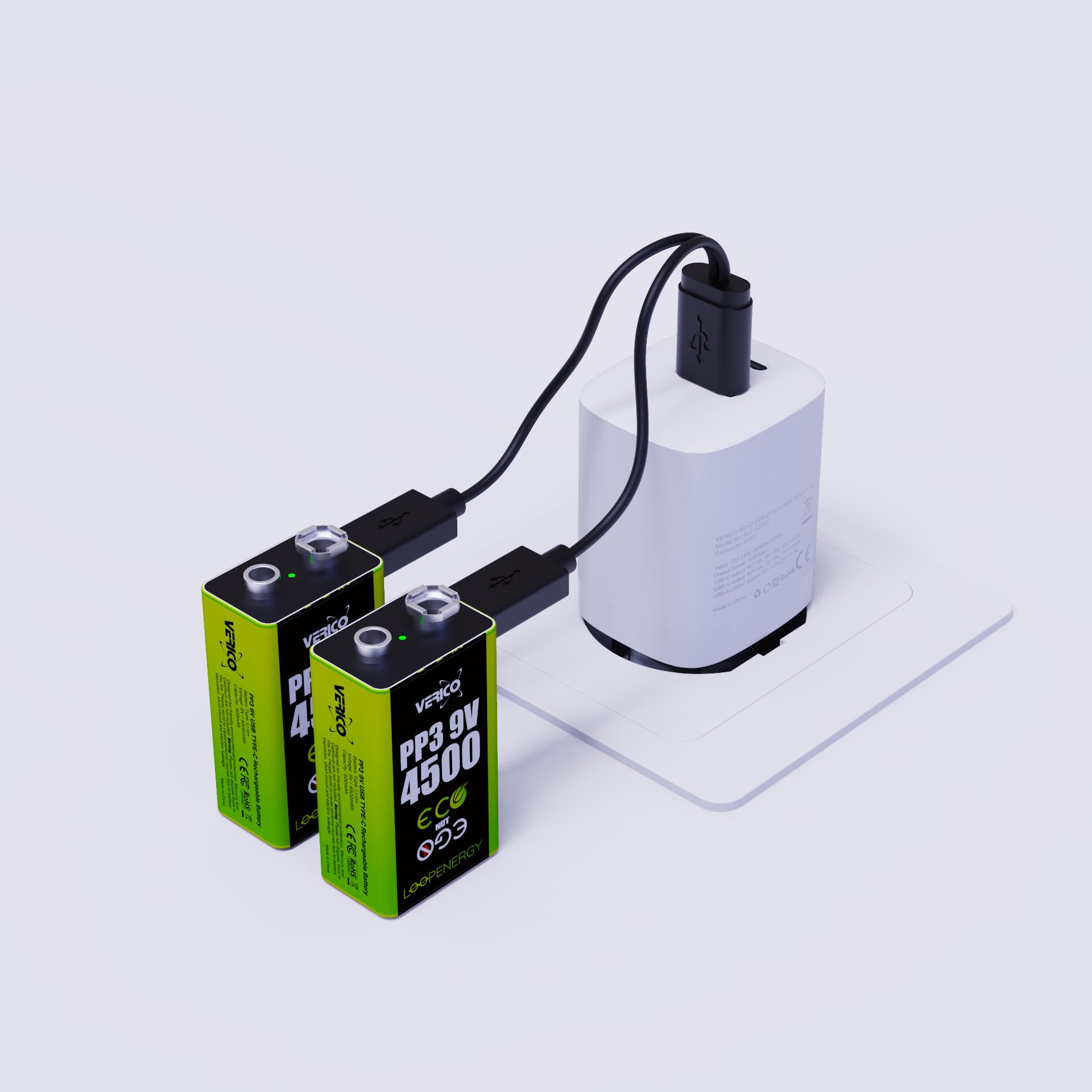 VERICO LoopEnergy - Confezione da 4 blocchi da 9 V, PP3, 4500 mWh, batterie ricaricabili USB-C agli ioni di litio, 2 cavi di ricarica USB tipo A a 2 tipi C