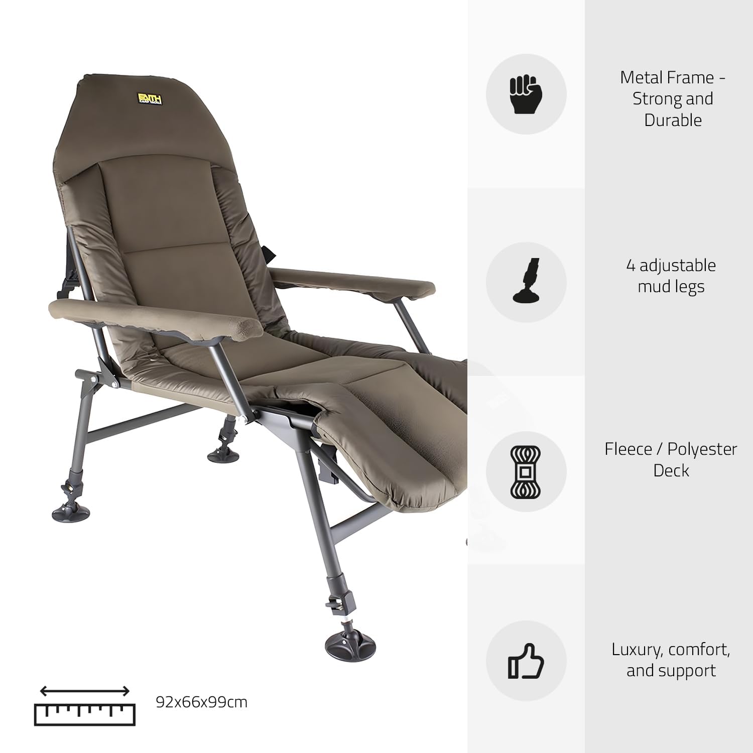 Faith Lounge Chair XL - Sedia da pesca con rivestimento in pile - Massimo comfort durante - Braccioli - Struttura in metallo - Gambe regolabili - Design compatto - Portata massima 110kg - 92x66x99cm
